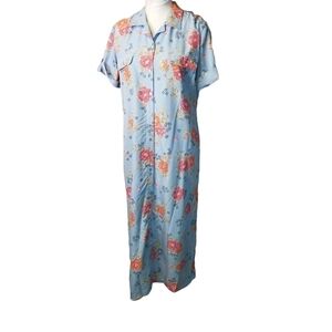 Vtg 90s Y2K blue floral midi button shirt dress